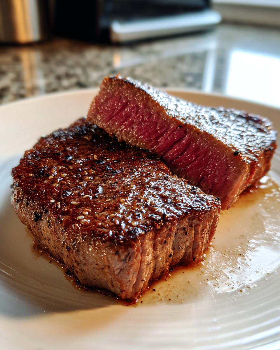 Two thick slices of perfectly seared tuna steak, showing a medium-rare pink center, prepared with MARINADE FOR TUNA STEAK.
