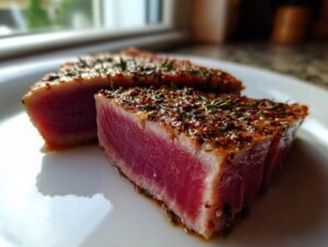 Two slices of seared tuna steak showing a rare, vibrant pink center and a crust of herbs and spices from the MARINADE FOR TUNA STEAK.