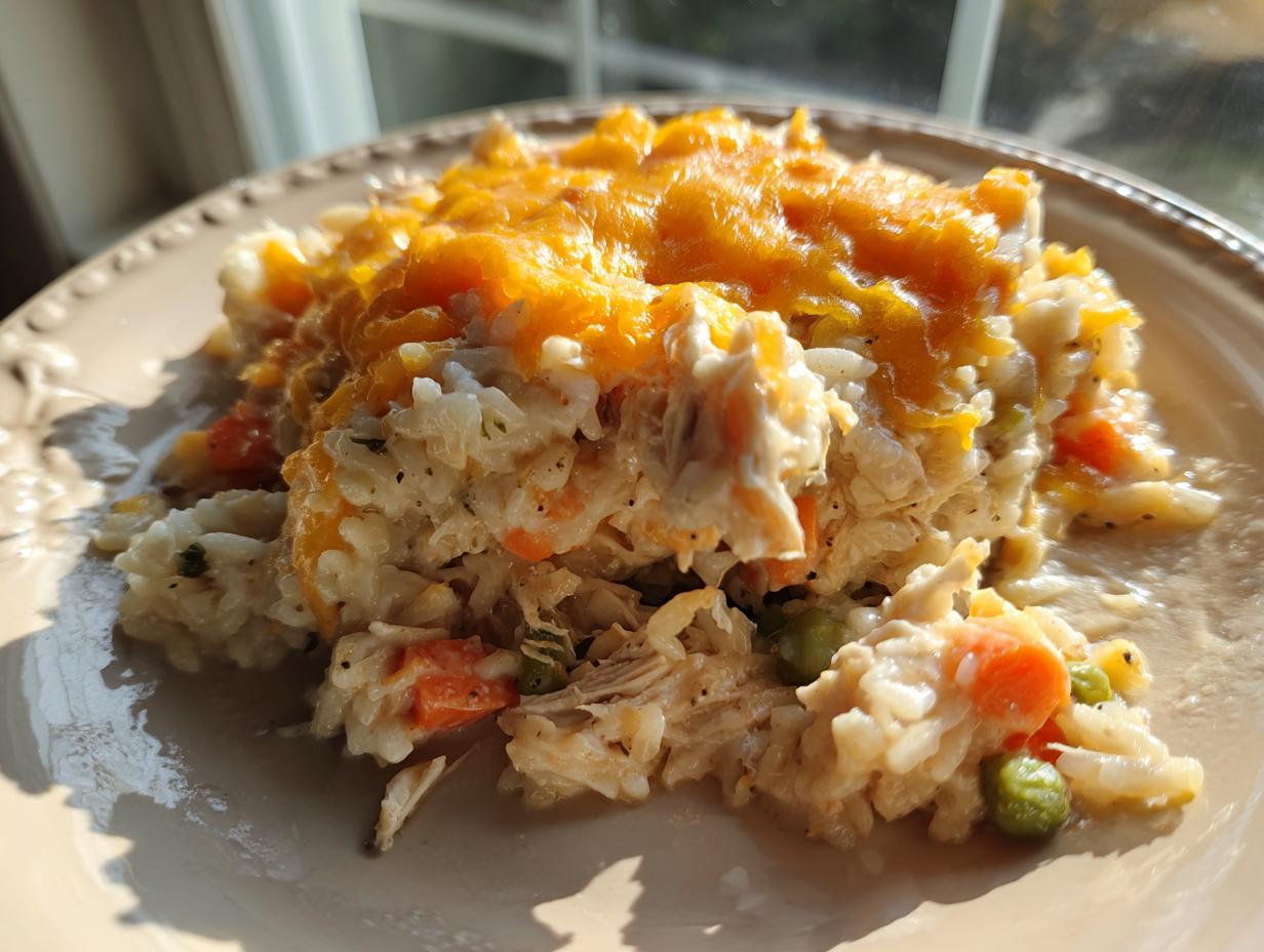A close-up serving of creamy chicken and rice casserole topped with melted cheddar cheese.