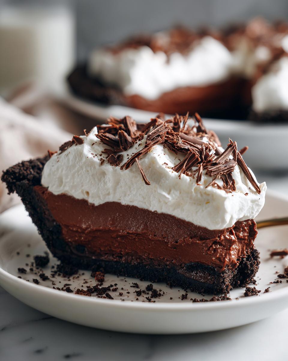 Close-up of a rich slice of Christmas chocolate cream pie with a dark crust, chocolate filling, whipped cream, and chocolate shavings.