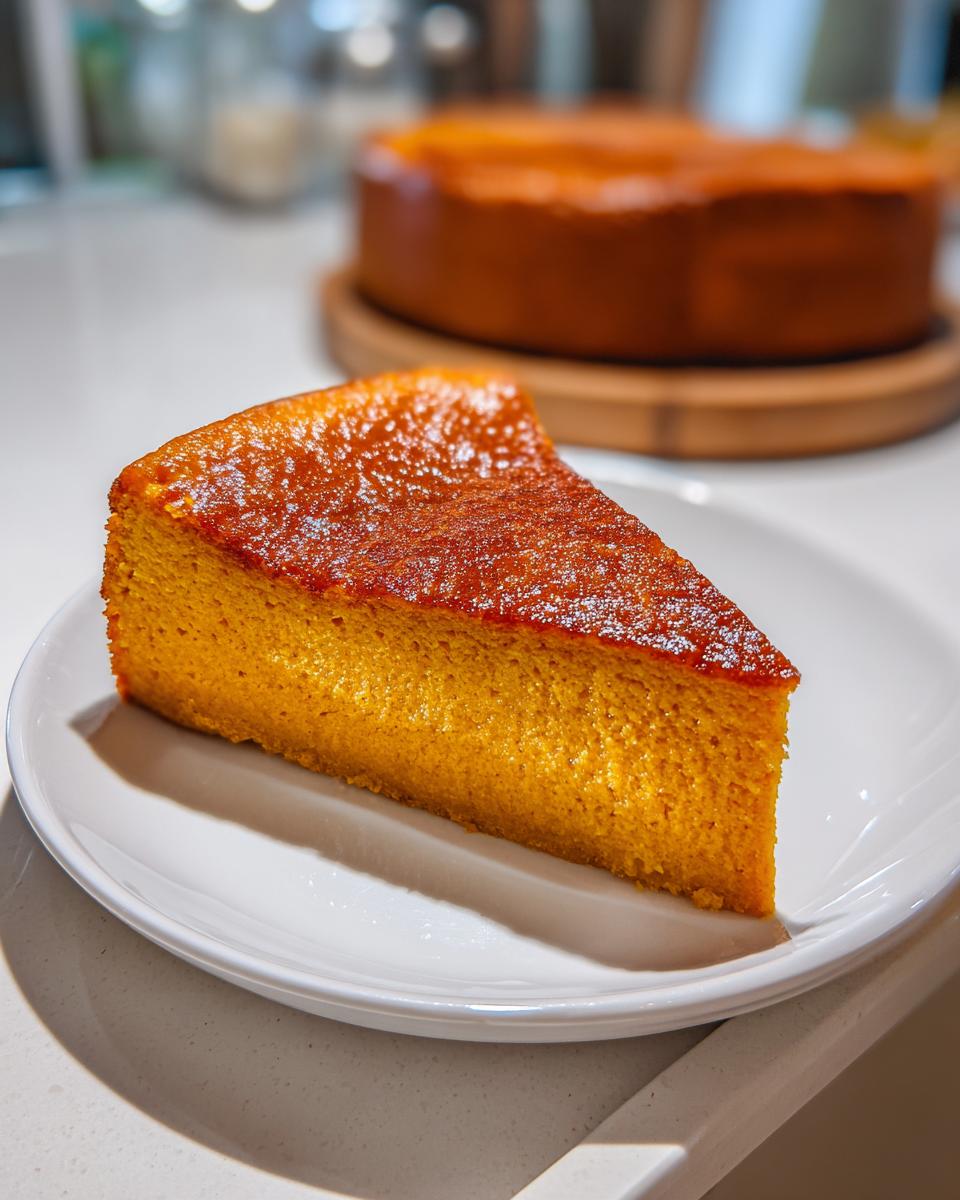 A thick, vibrant orange slice of crustless pumpkin pie dusted with powdered sugar on a white plate.