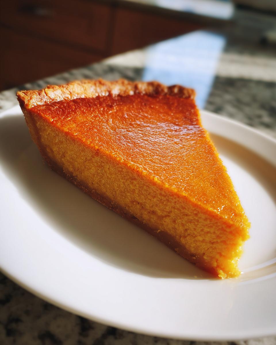 A perfect slice of bright orange crustless pumpkin pie resting on a white plate.