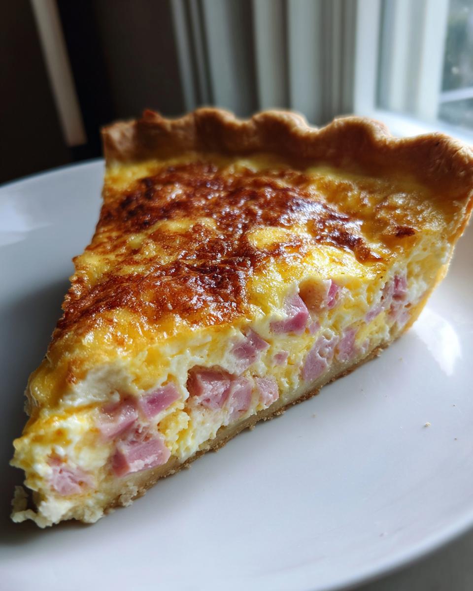 A close-up slice of freshly baked ham and cheese quiche showing a golden, browned top and chunks of pink ham in the egg custard.