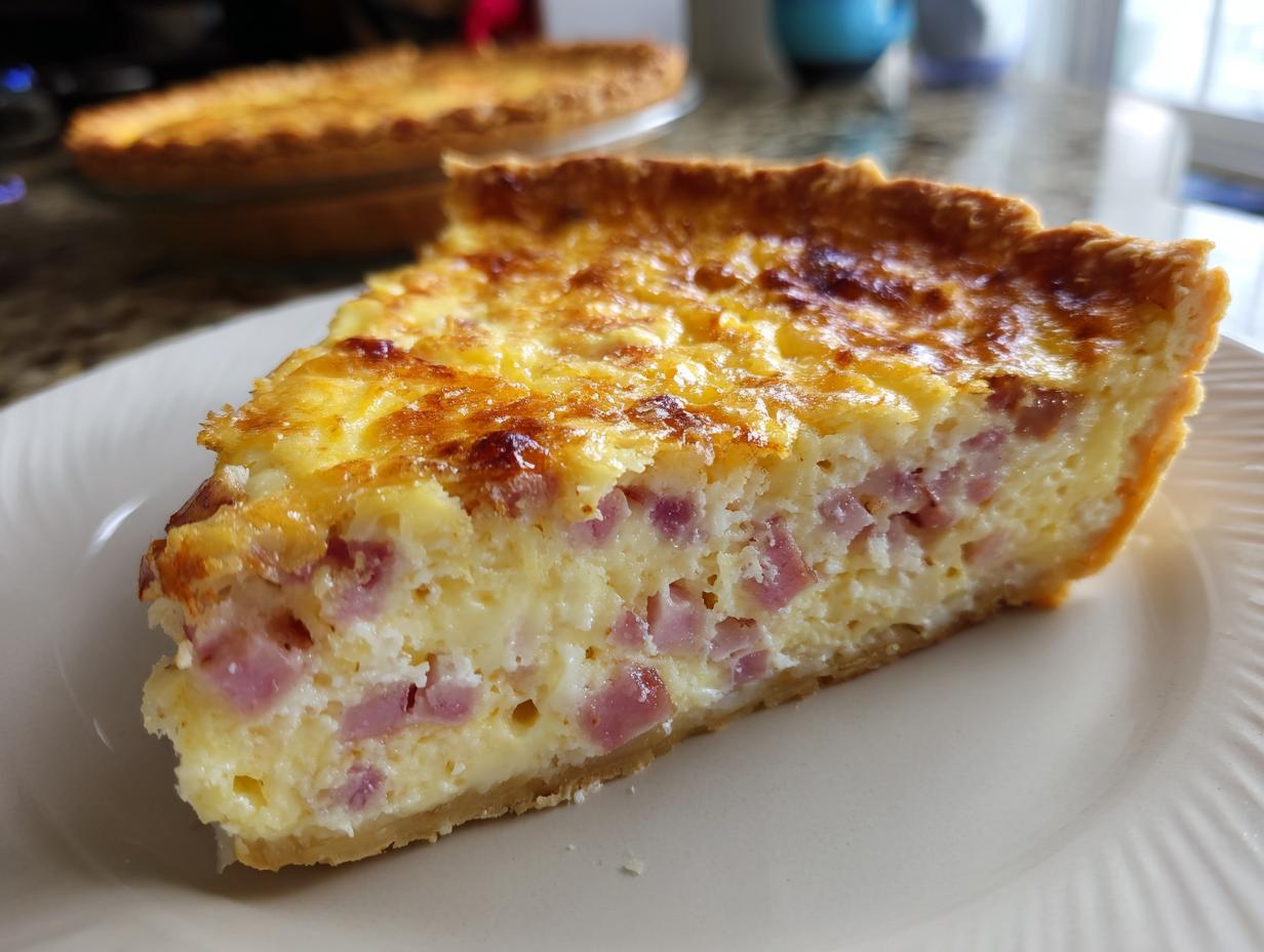 A thick slice of golden brown Ham and Cheese Quiche showing chunks of ham in the creamy egg filling.