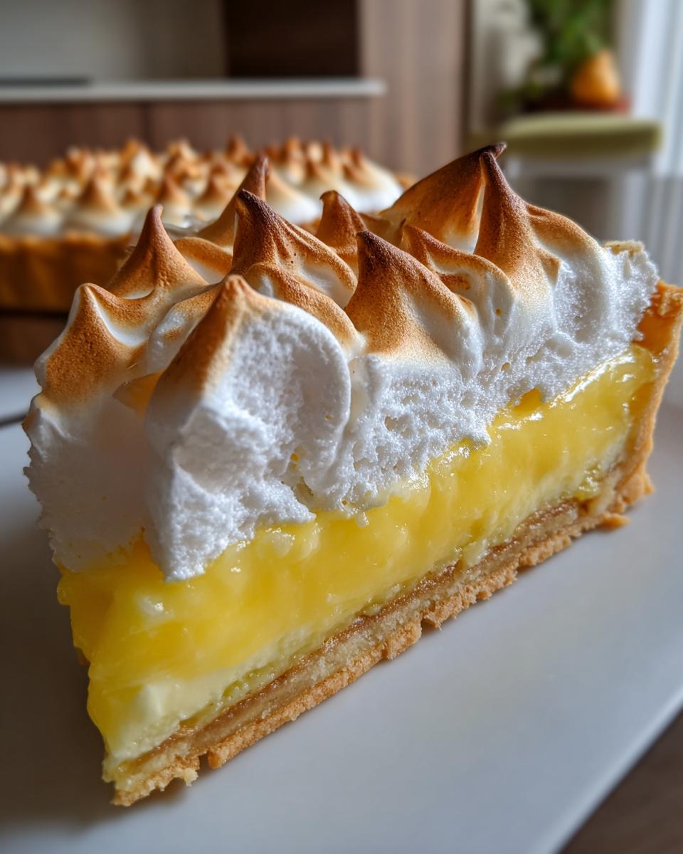 Close-up of a perfect slice of lemon meringue pie showing a thick layer of bright yellow lemon curd and tall, torched meringue peaks.