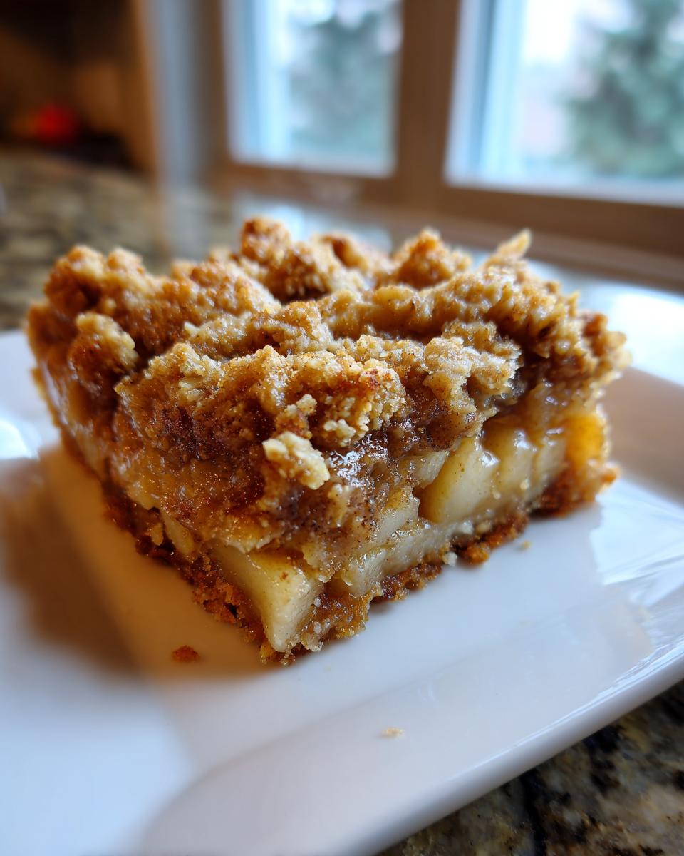 Close-up of a square slice of warm apple crisp showing tender apples and a thick, buttery crumble topping.