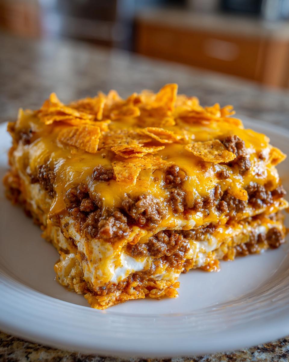 A layered slice of Dorito Casserole featuring ground meat, creamy sauce, melted cheese, and crushed chips on top.
