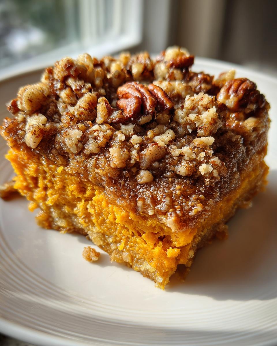 A rich, orange slice of southern sweet potato casserole topped with a crunchy pecan and brown sugar streusel.