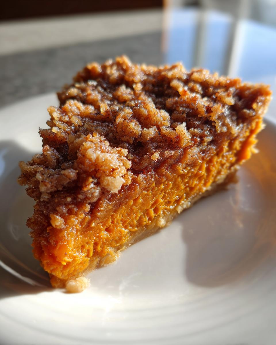 Close-up of a rich, orange slice of southern sweet potato casserole topped with a brown, crunchy pecan streusel.