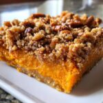 Close-up of a rich, orange slice of southern sweet potato casserole topped with crunchy pecan streusel.