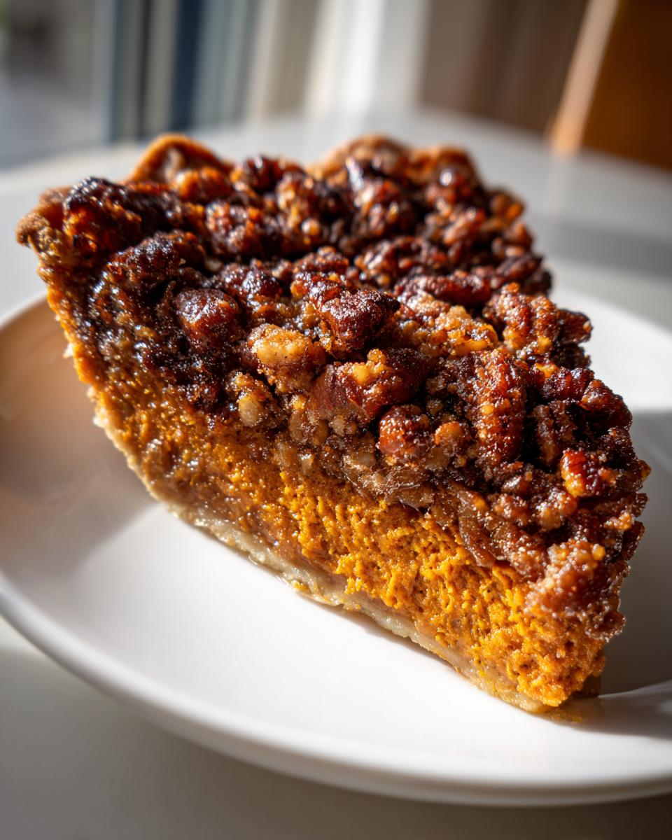 Close-up of a slice of rich, orange southern sweet potato casserole topped with a crunchy pecan streusel.