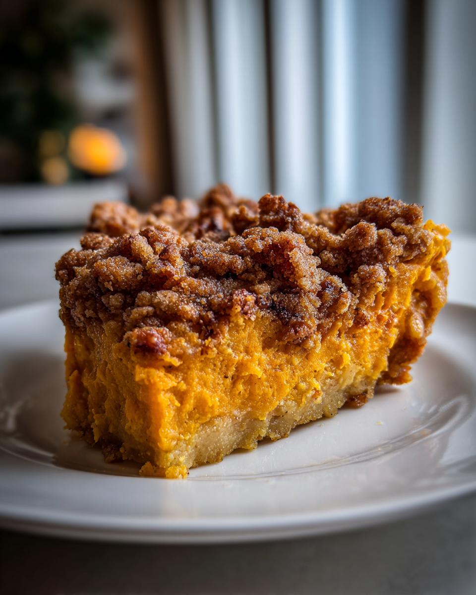 Close-up of a rich slice of southern sweet potato casserole topped with a thick, brown sugar streusel crust.