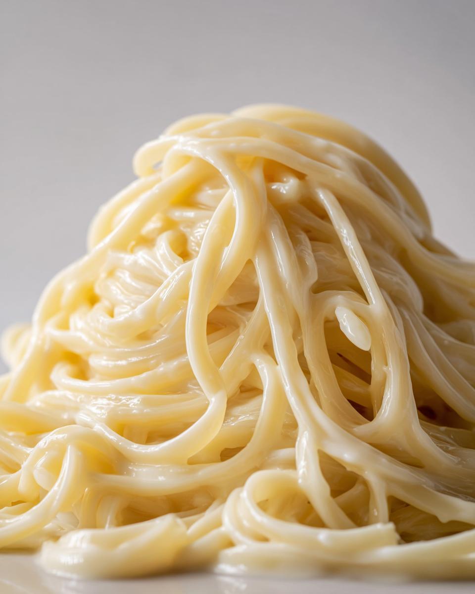 Close-up of spaghetti noodles generously coated in rich, creamy homemade alfredo sauce.