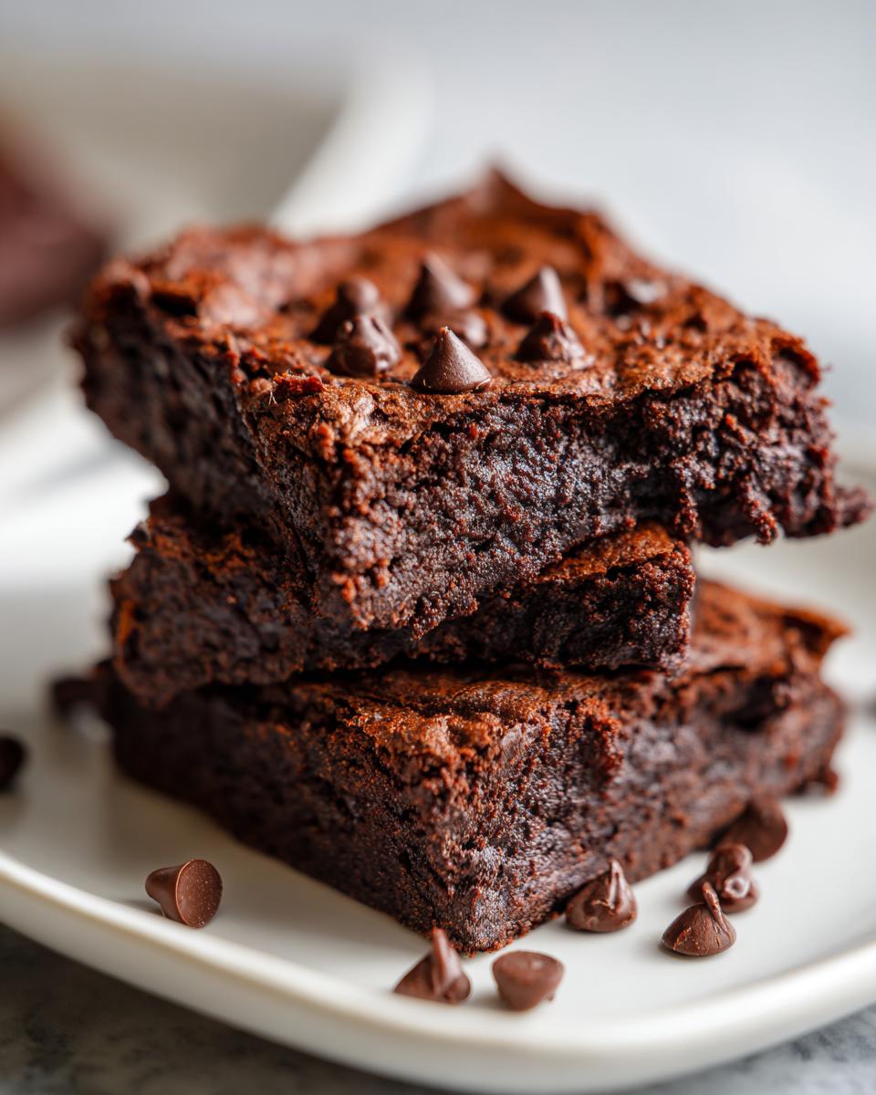 A stack of three fudgy sweet potato brownies topped with chocolate chips on a white plate.
