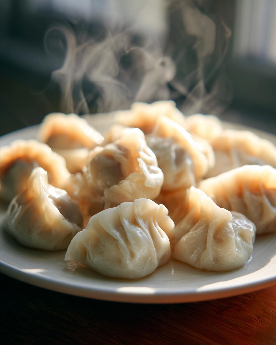 A close-up of freshly steamed Traditional Chinese Dumplings piled on a white plate, emitting visible steam.
