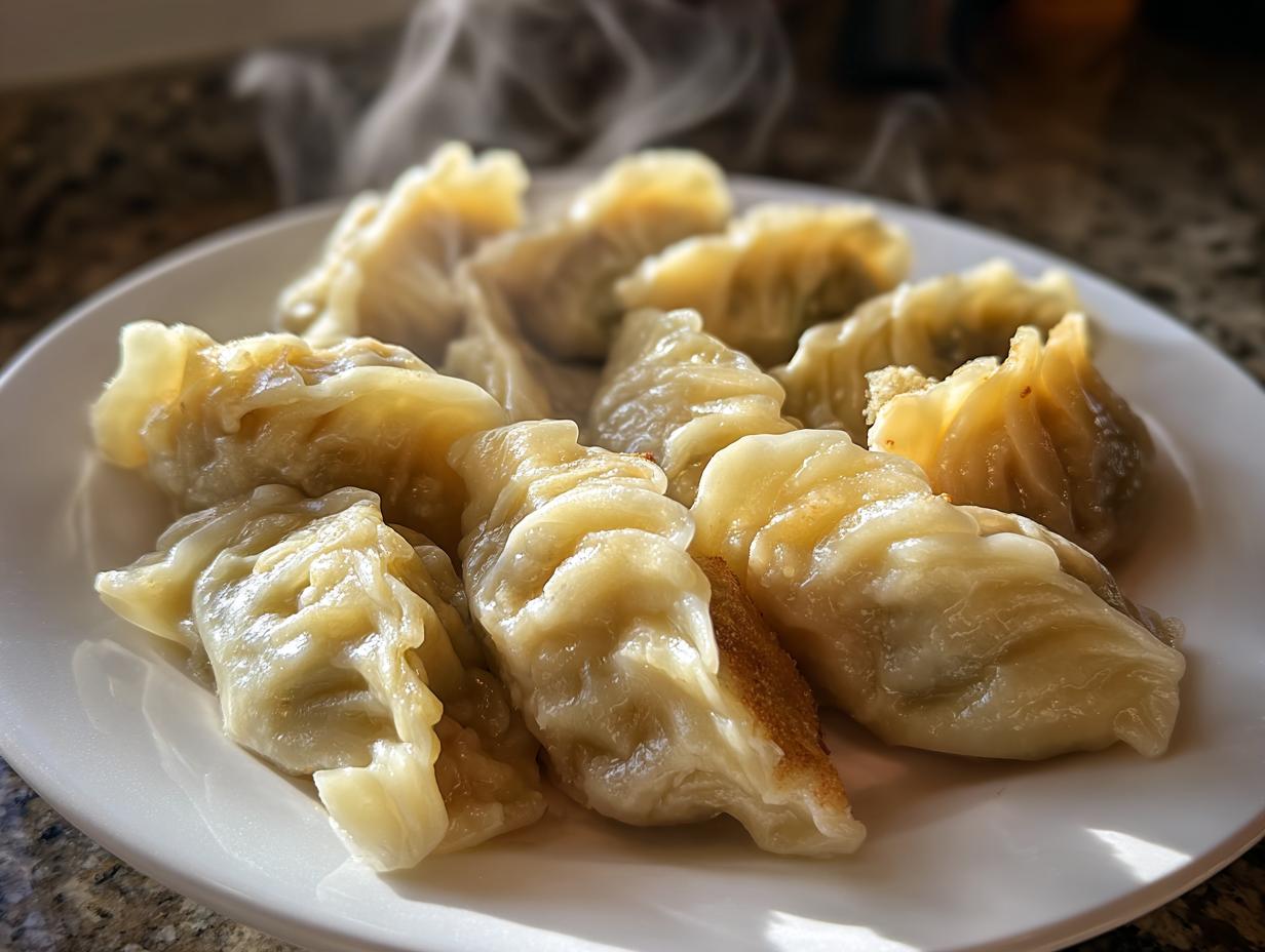 A plate piled high with freshly steamed and lightly pan-fried Traditional Chinese Dumplings, showing visible steam rising.
