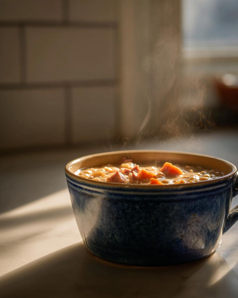 A steaming blue bowl filled with hearty white bean and ham soup, set in warm sunlight.