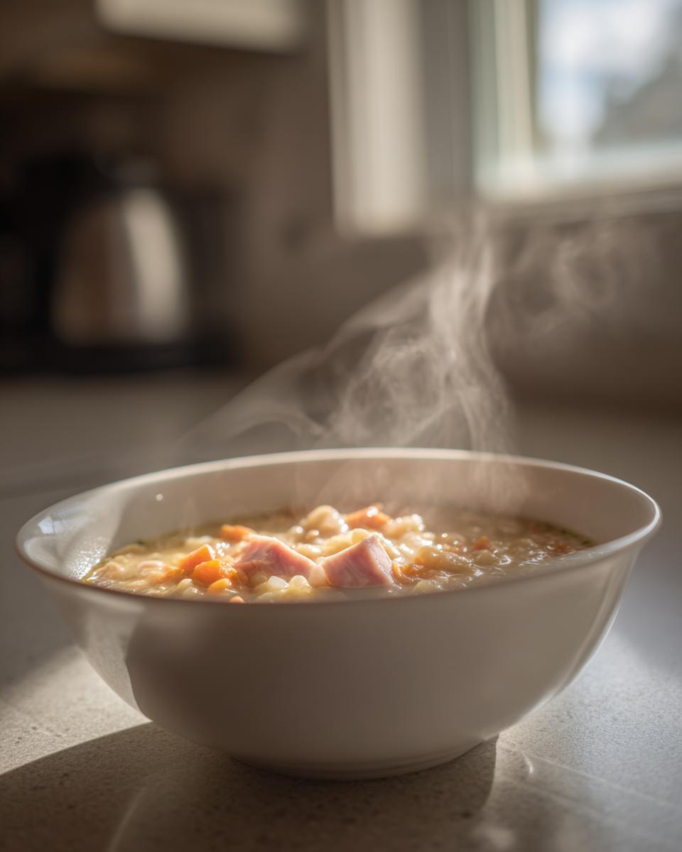 A steaming white bowl filled with hearty white bean and ham soup, featuring visible chunks of ham and carrots.