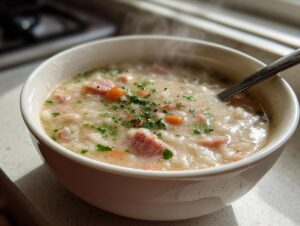 Close-up of a steaming bowl of hearty white bean and ham soup, garnished with parsley and pepper.