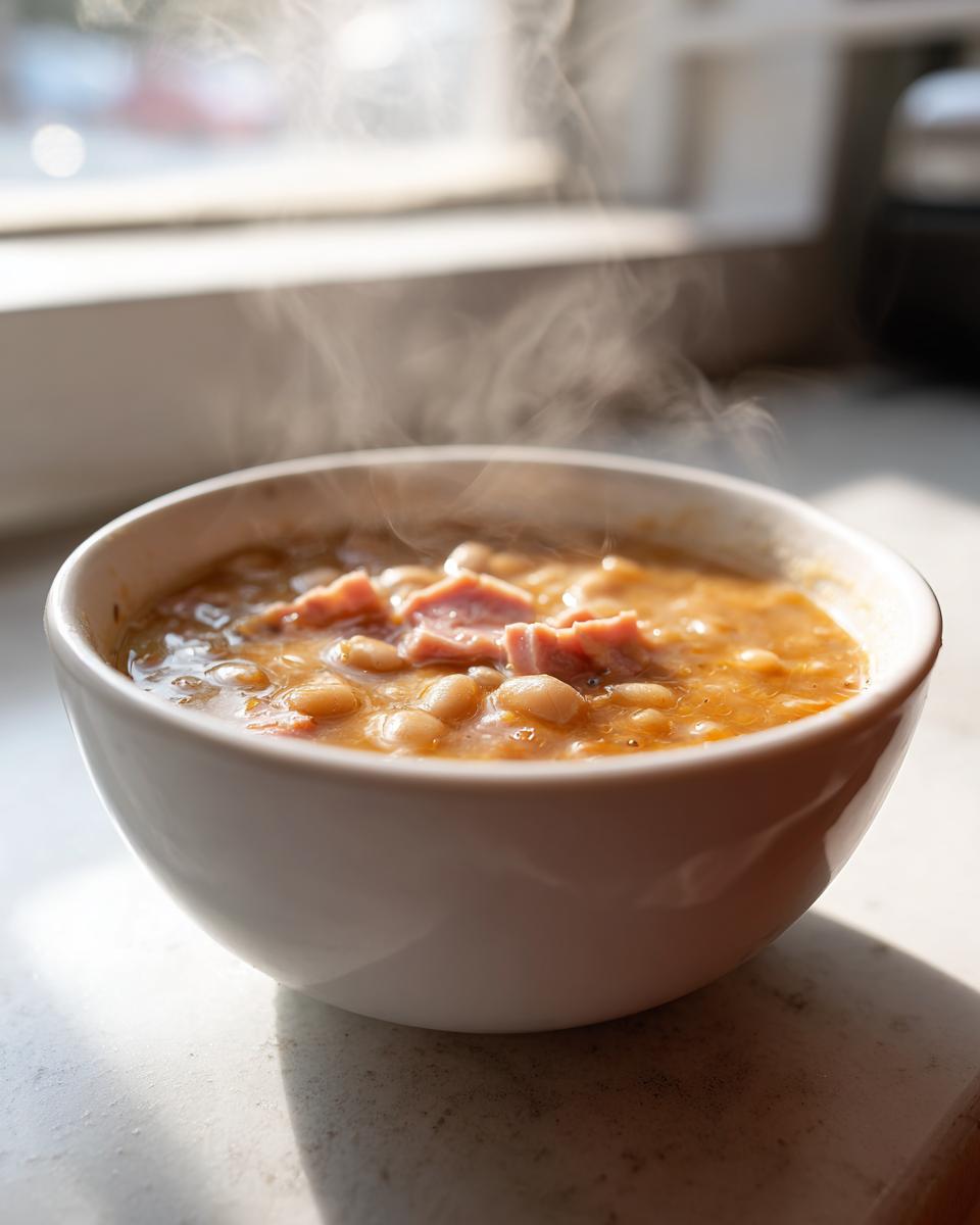 A close-up of a steaming white bowl filled with hearty white bean and ham soup, set near a bright window.