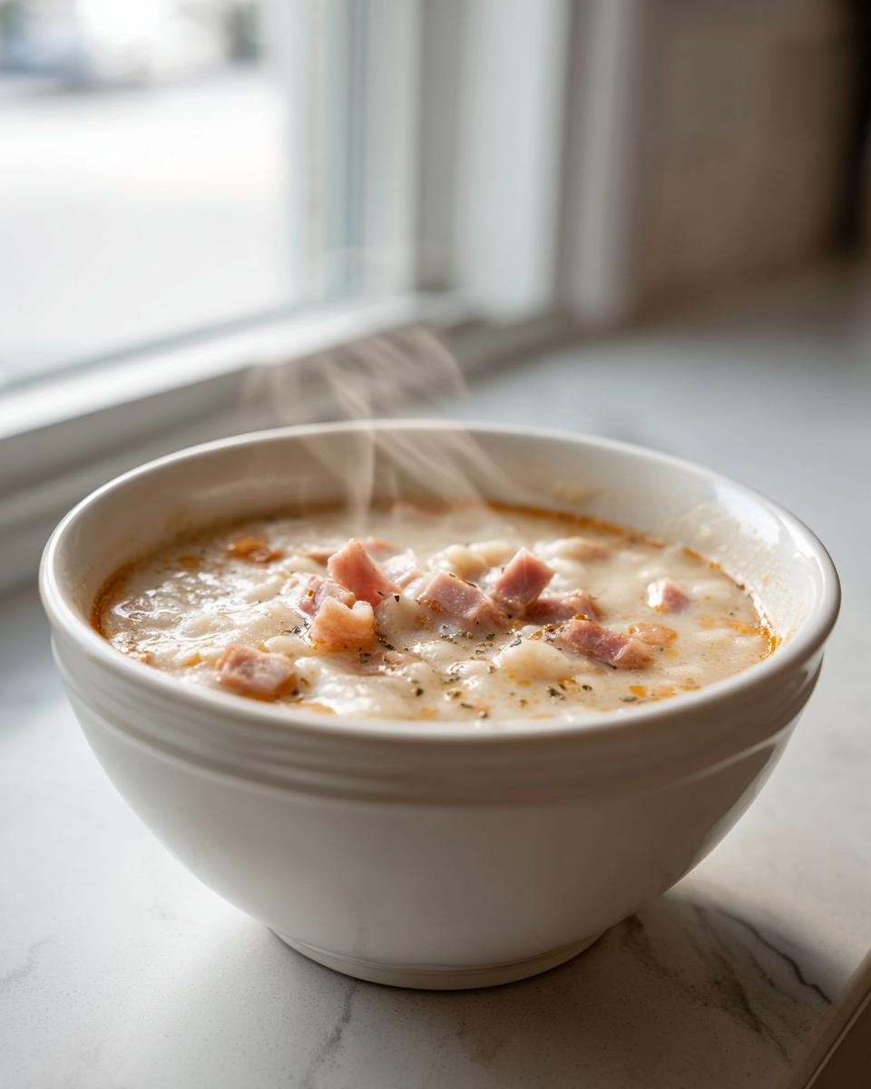 Close-up of a steaming white bowl filled with creamy white bean and ham soup, topped with diced ham.