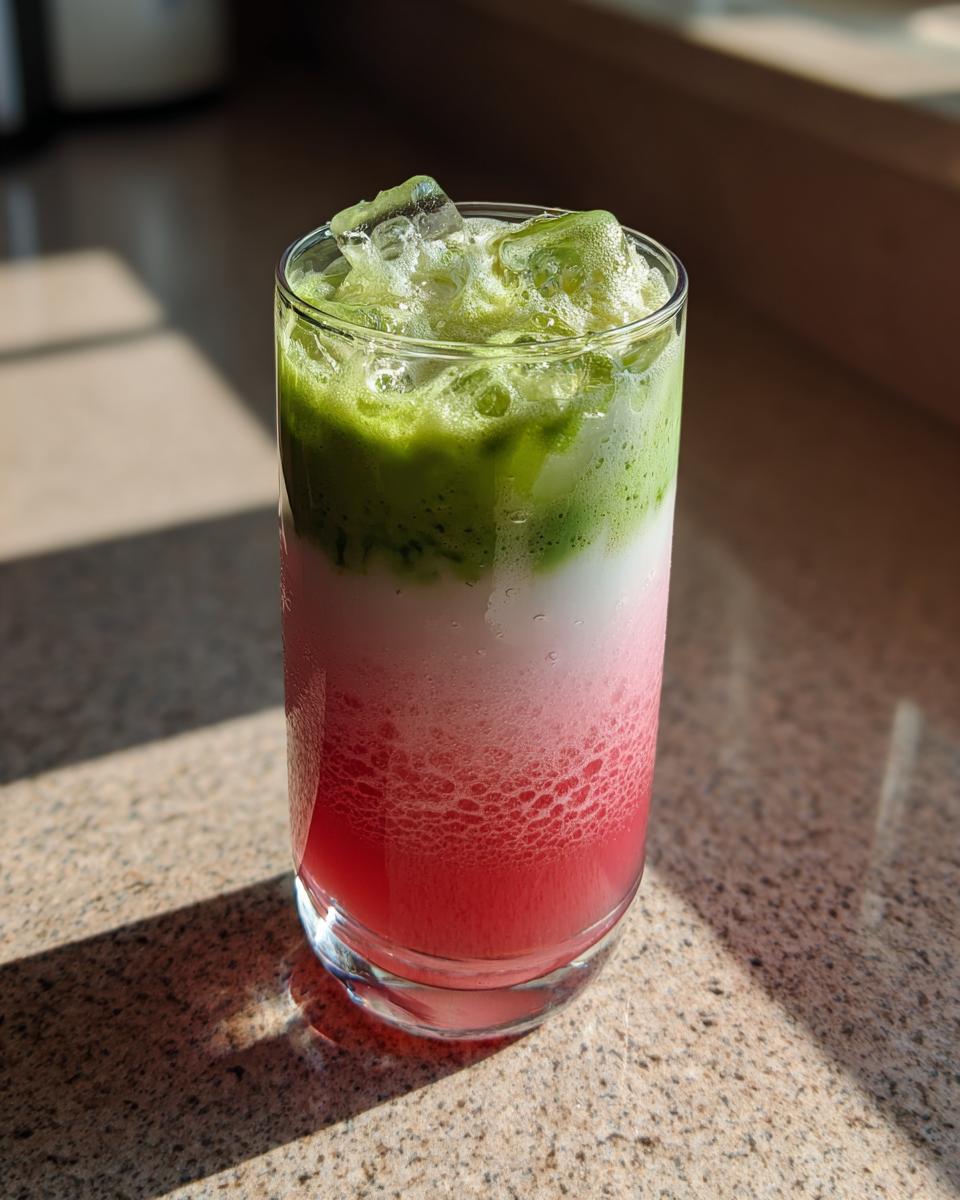 A tall glass showing a layered strawberry matcha latte with bright pink, white, and green layers, topped with ice.