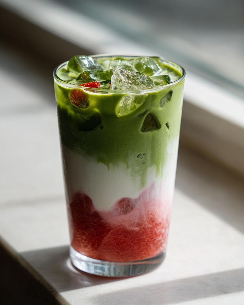A tall glass showing a layered strawberry matcha latte with bright red strawberry puree, white milk, and vibrant green matcha, topped with ice.
