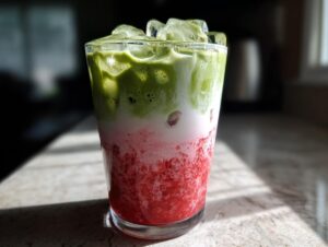 A tall glass featuring a layered strawberry matcha latte with bright red puree, white milk, and green matcha tea on top, filled with ice cubes.