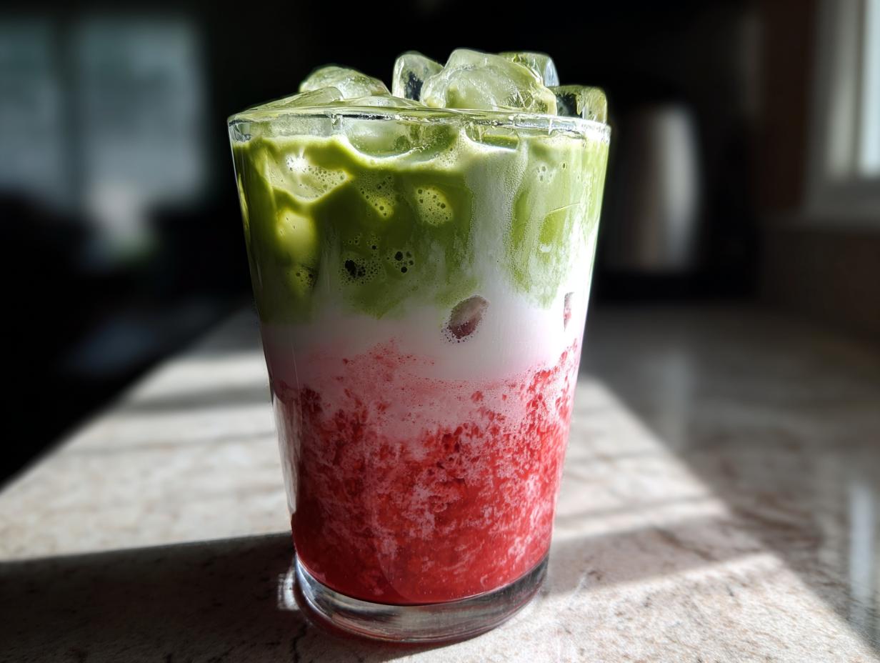 A tall glass featuring a layered strawberry matcha latte with bright red puree, white milk, and green matcha tea on top, filled with ice cubes.