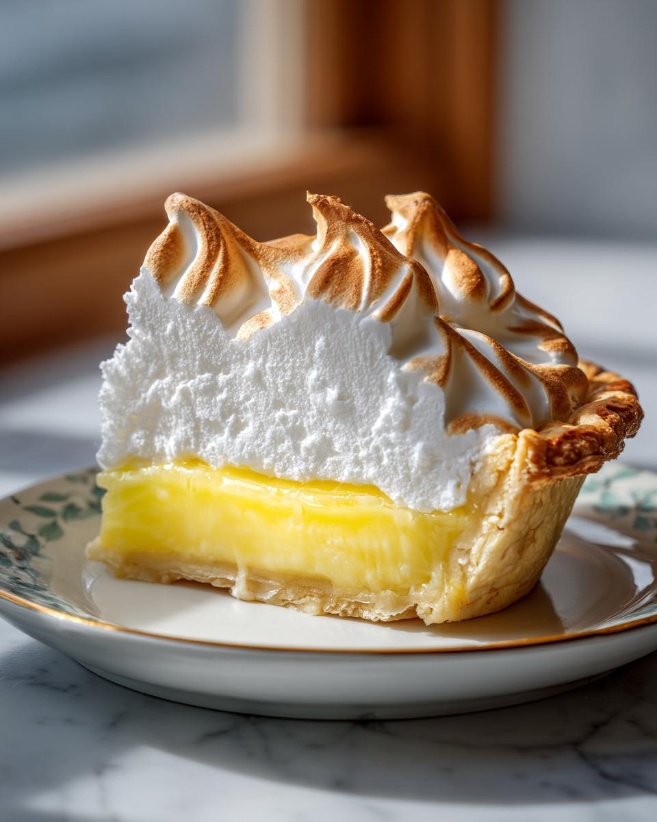 A tall slice of lemon meringue pie showing a thick layer of bright yellow curd and perfectly peaked, torched meringue.