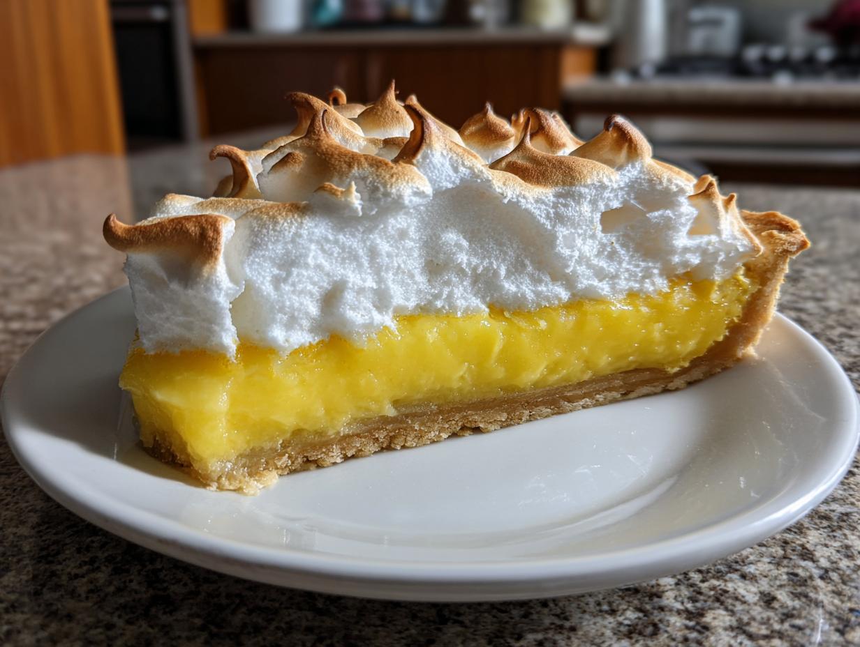 A thick slice of lemon meringue pie showing bright yellow curd and tall, perfectly torched meringue peaks.