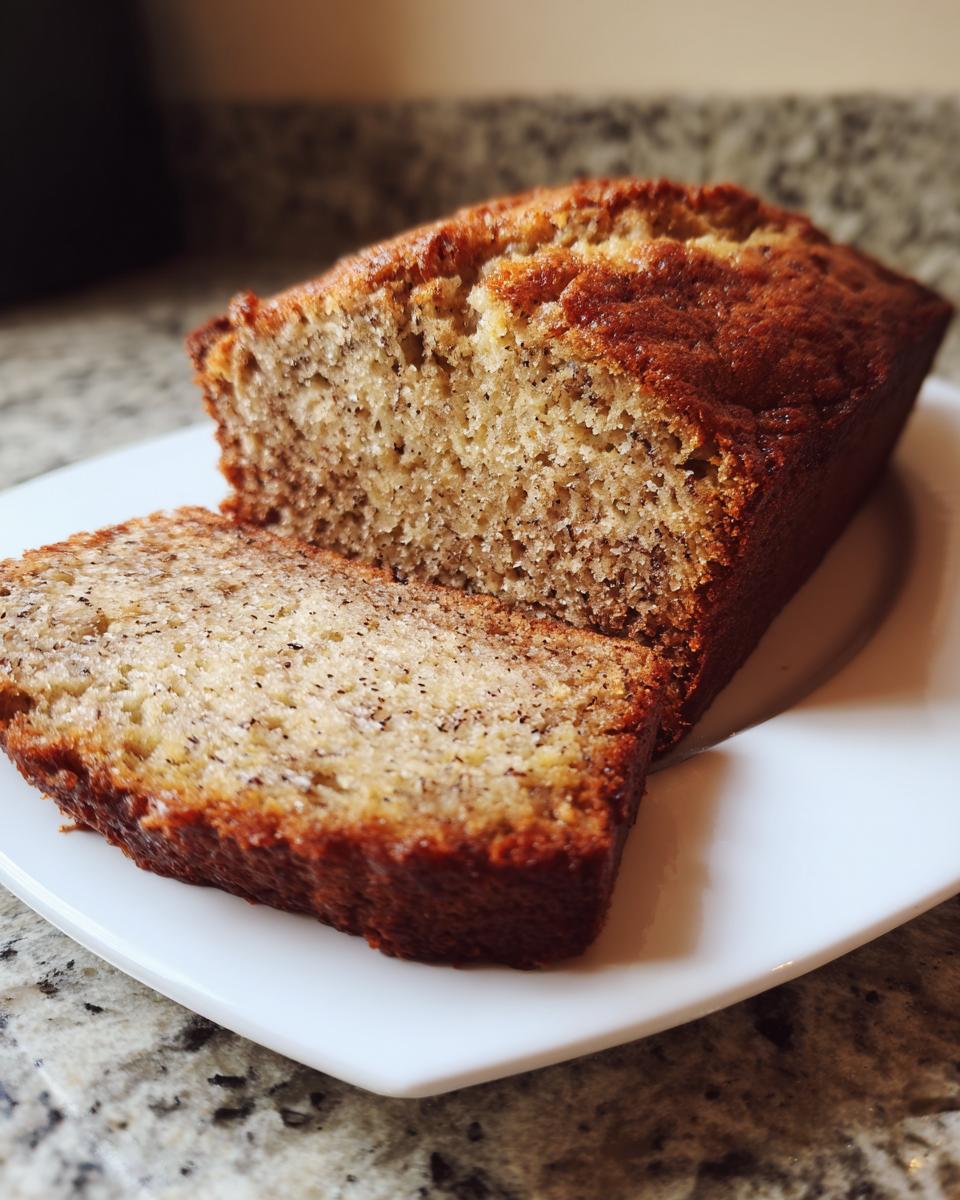 Close-up of a loaf of sugar free banana bread, with one thick slice cut and resting against the main loaf on a white plate.