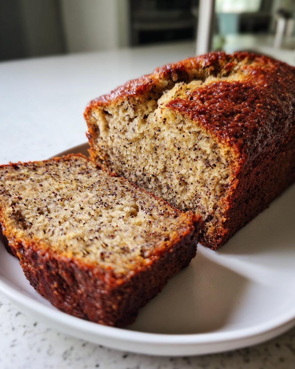 Close-up of a freshly baked sugar free banana bread loaf with one slice cut, showing a moist crumb texture.