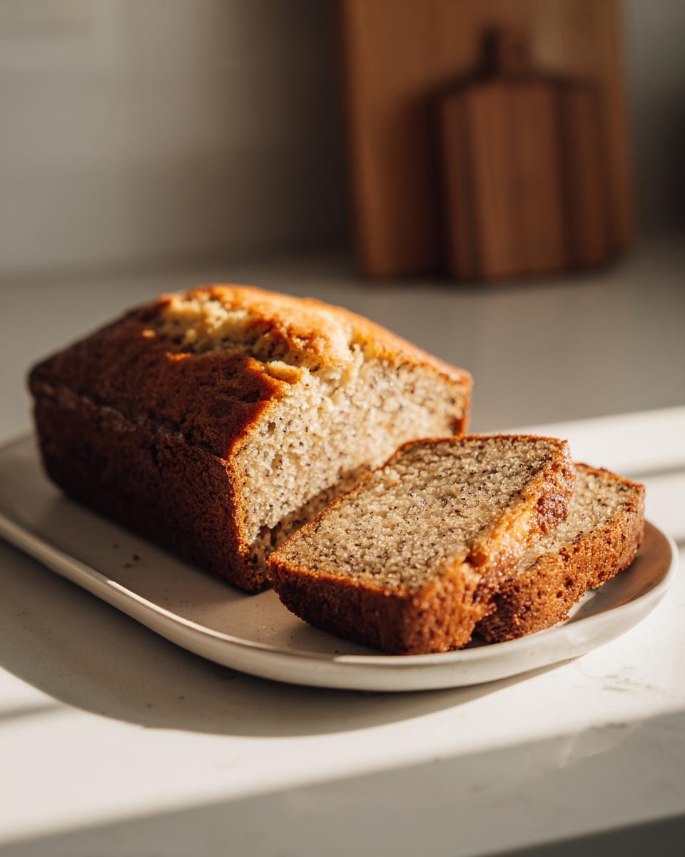 A golden-brown loaf of sugar free banana bread, partially sliced on a light ceramic platter.