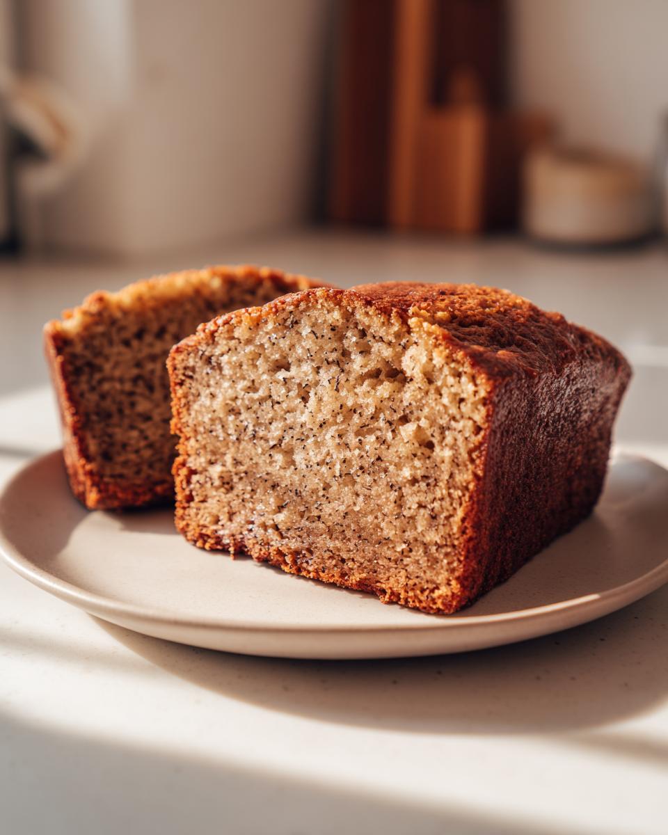 Two thick slices of moist sugar free banana bread with visible banana flecks, served on a light plate.