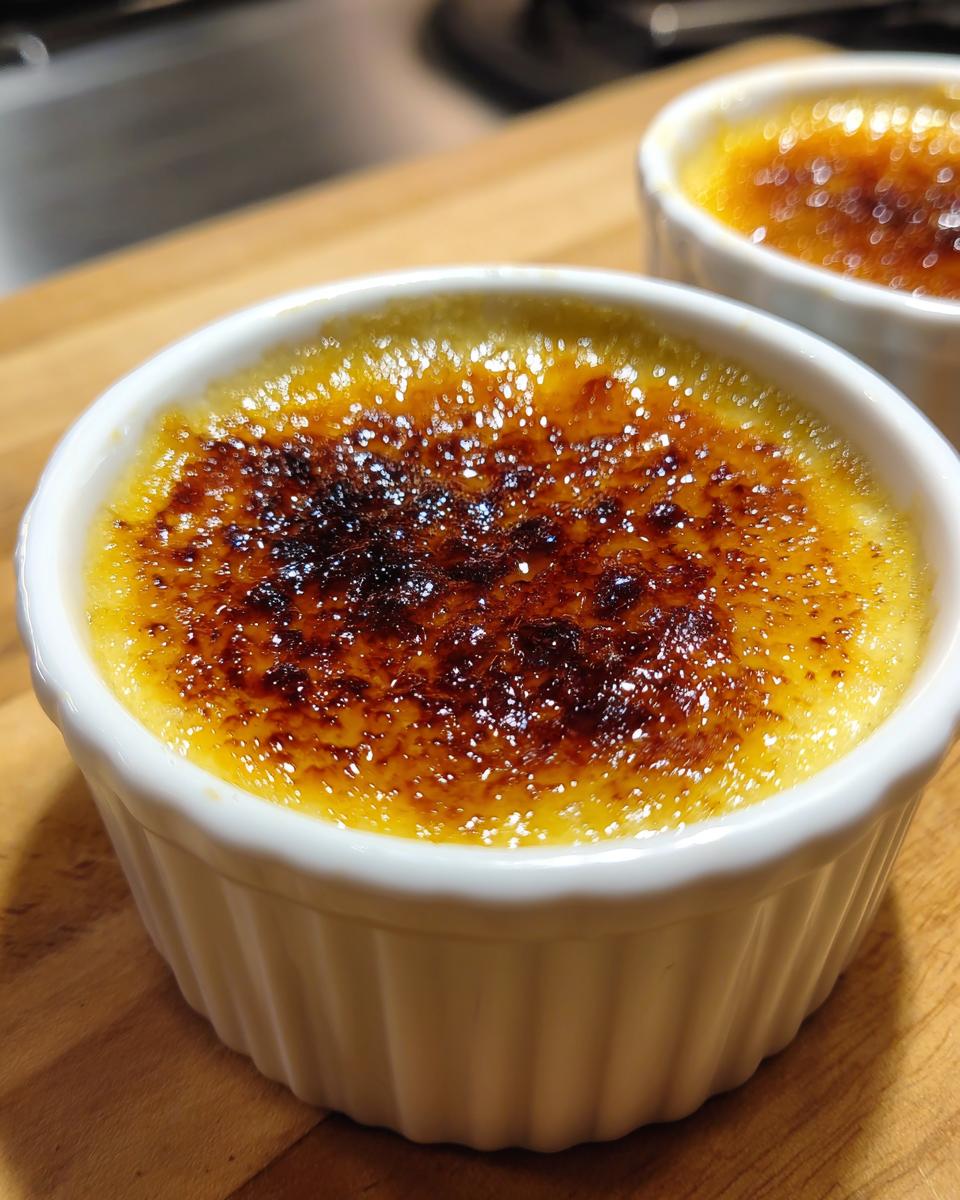 Close-up of a classic creme brulee with a perfectly caramelized, crackling sugar top in a white ramekin.
