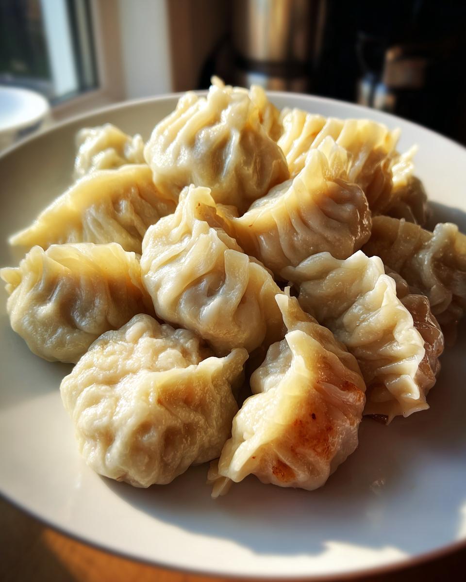 A plate piled high with freshly cooked Traditional Chinese Dumplings, showing delicate pleats and slight golden browning.