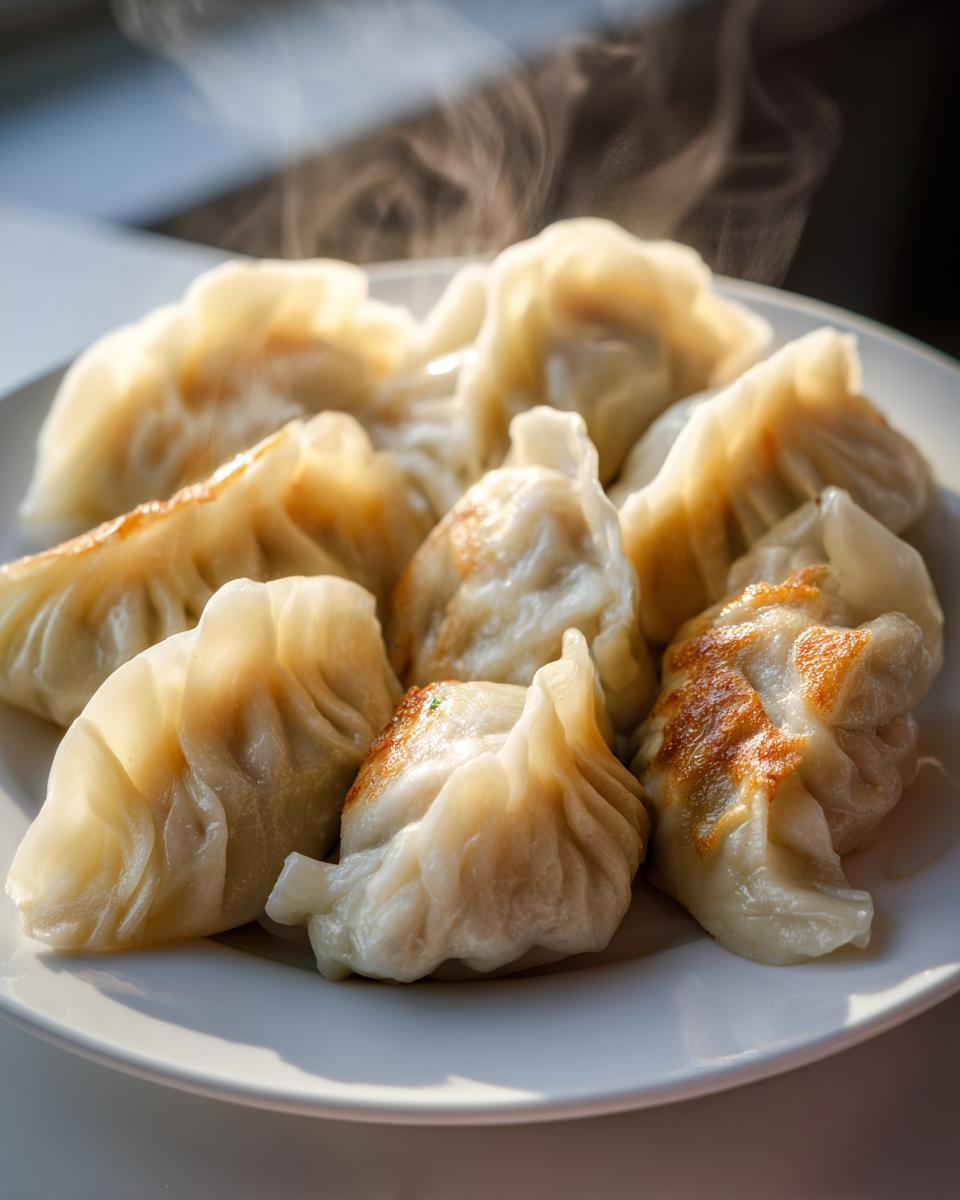 A plate piled high with steaming, freshly cooked Traditional Chinese Dumplings, some showing golden-brown sear marks.