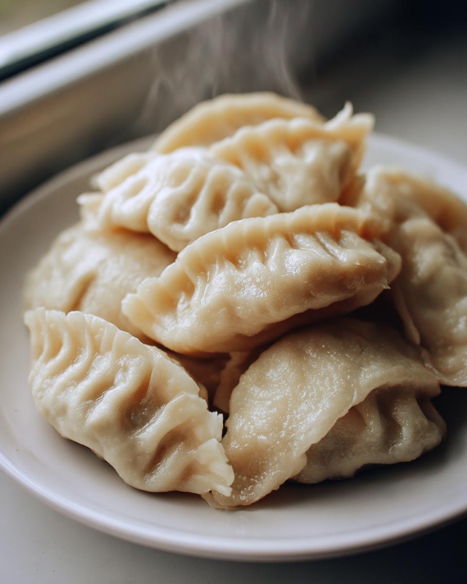 A close-up of freshly steamed Traditional Chinese Dumplings with visible steam rising from the pleated wrappers.