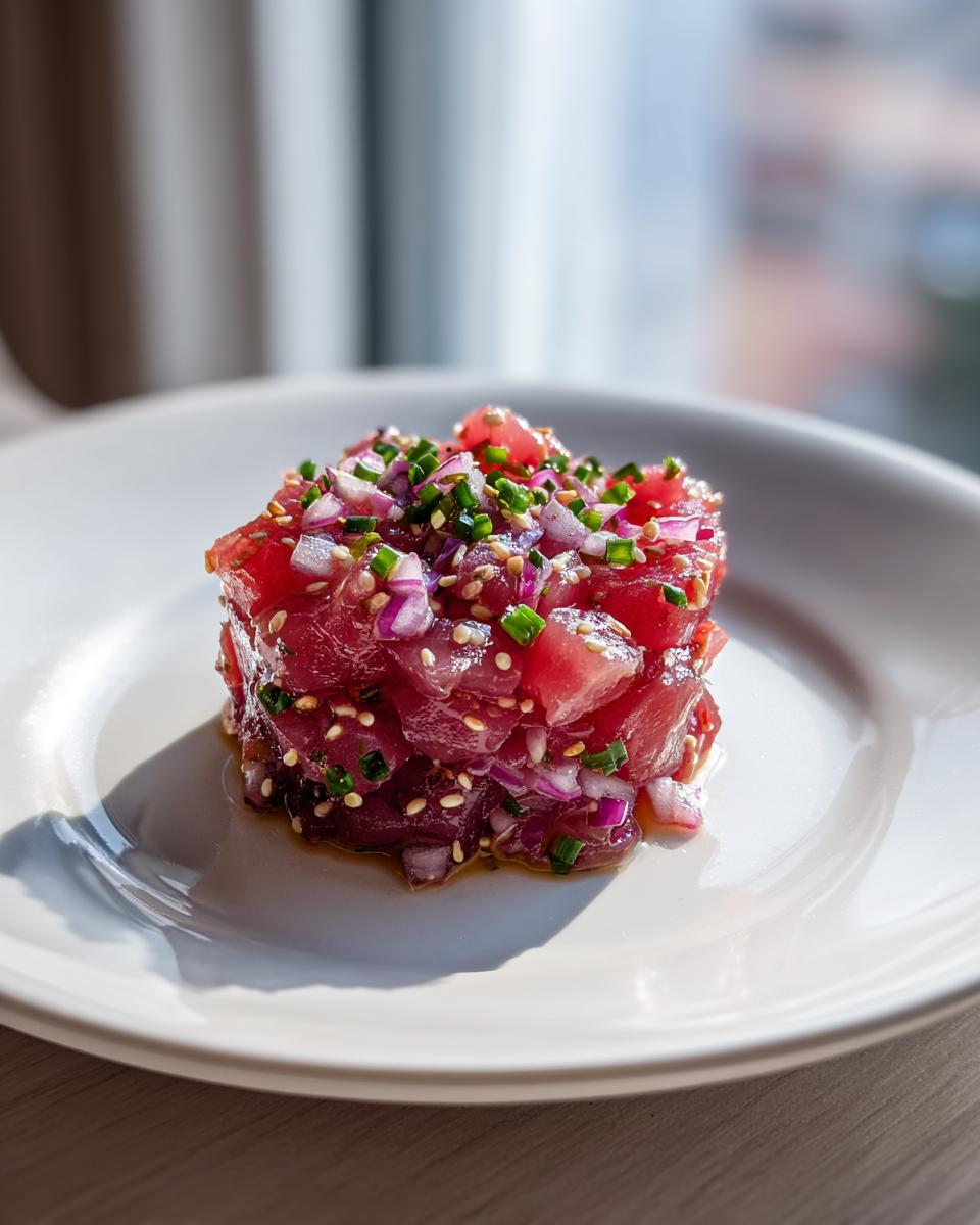 Close-up of a perfectly molded portion of Tuna Tartare Recipe, topped with red onion and chives.