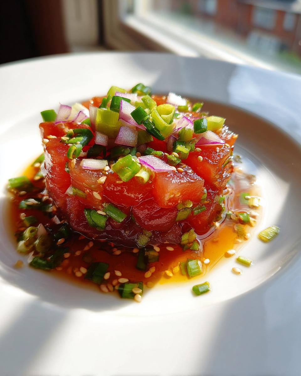 A beautifully plated portion of Tuna Tartare Recipe, featuring diced red tuna in a savory sauce, topped with green onions and red onion.