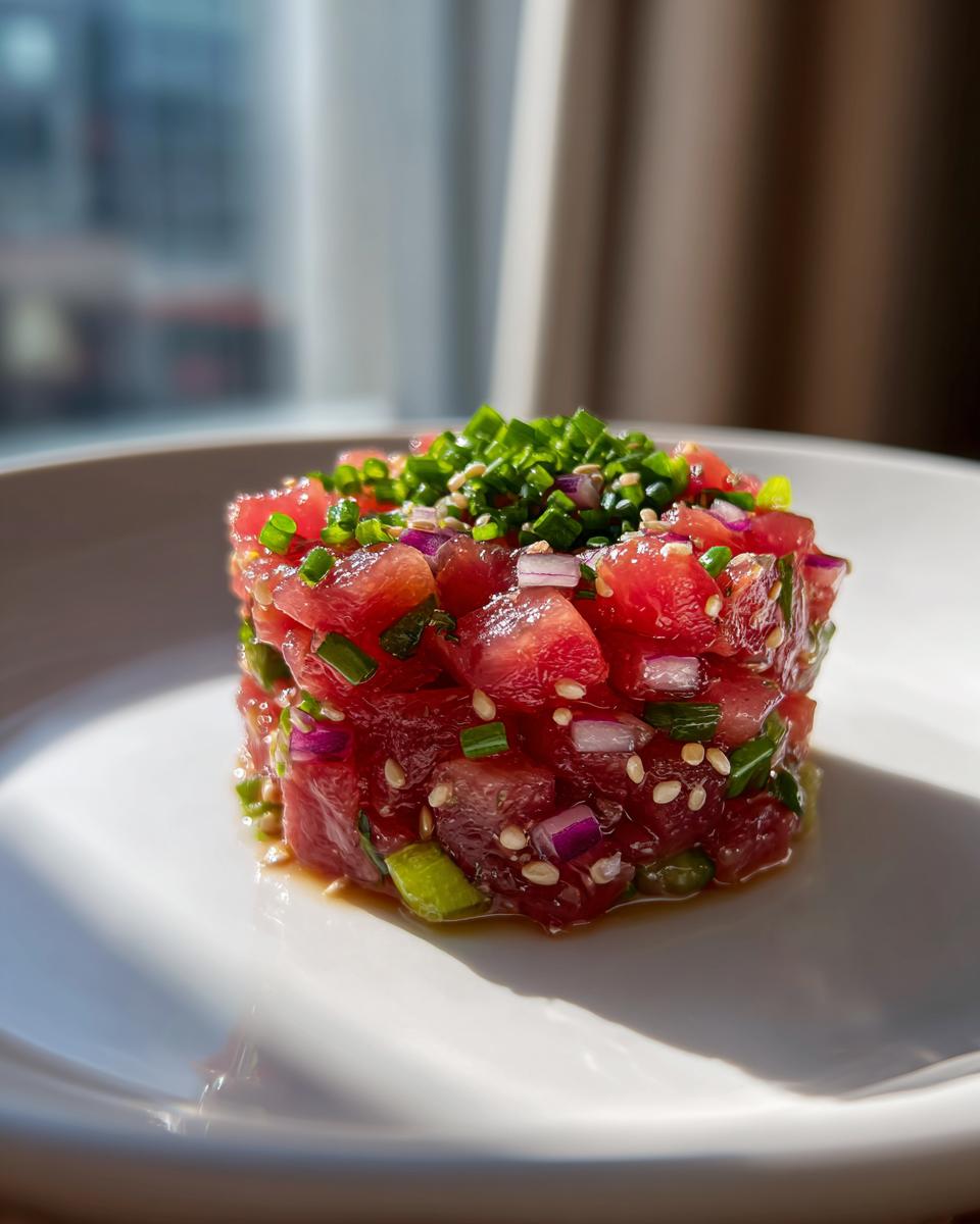 A cylindrical serving of vibrant red Tuna Tartare Recipe, topped with chives and sesame seeds.
