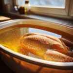 A raw turkey submerged in golden liquid during the turkey brine process in a white container near a window.