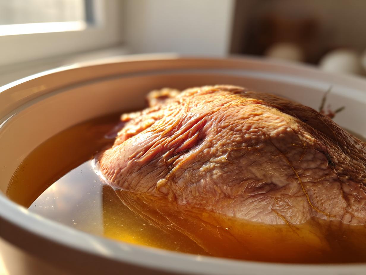 Close-up of a turkey breast soaking in amber liquid during the turkey brine process in a light-colored container.
