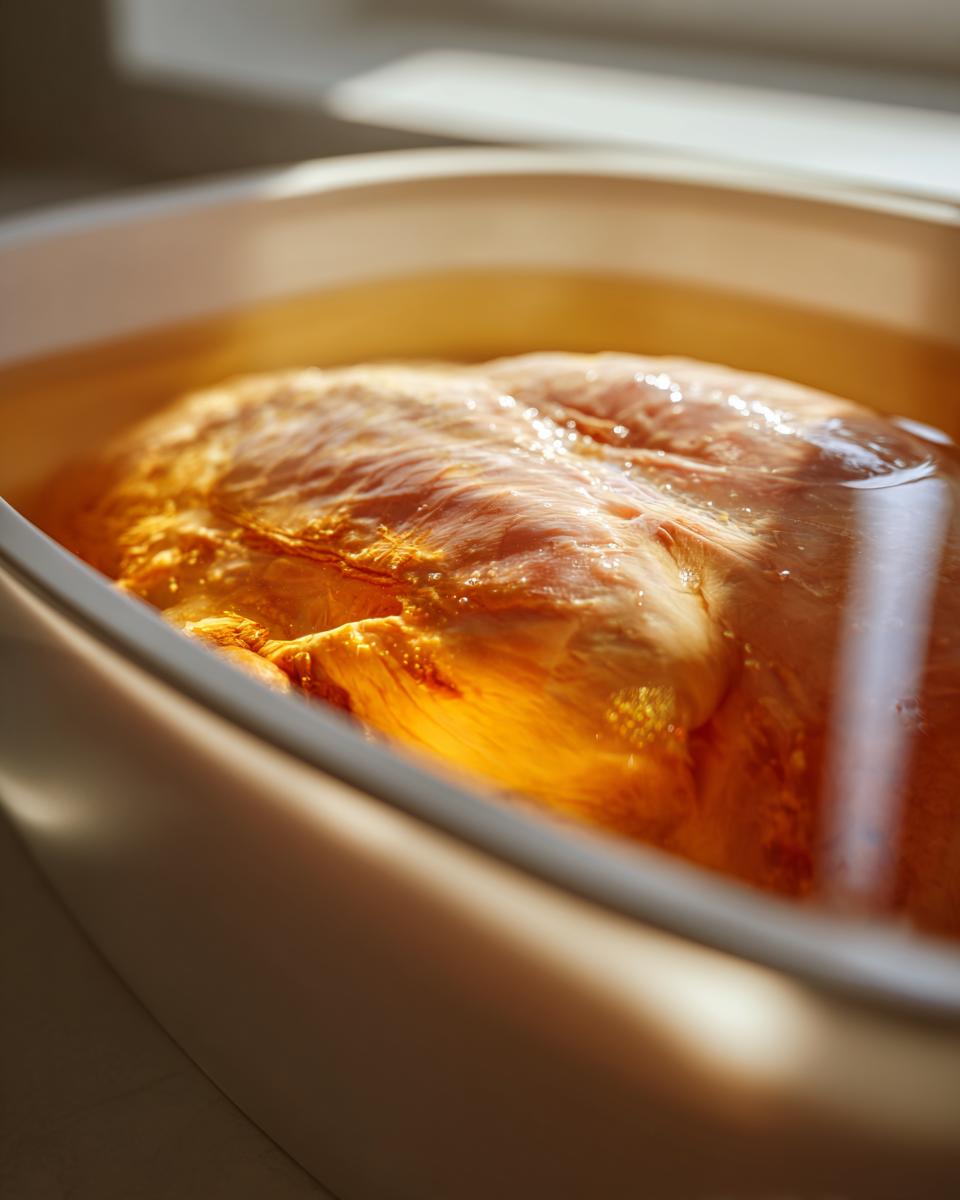 Close-up of a raw turkey breast soaking in amber-colored liquid for turkey brine in a white container.