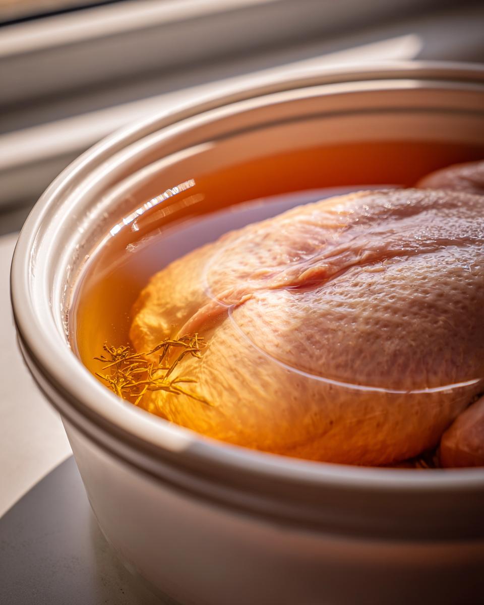 Close-up of a raw turkey submerged in amber-colored liquid for turkey brine in a white pot.