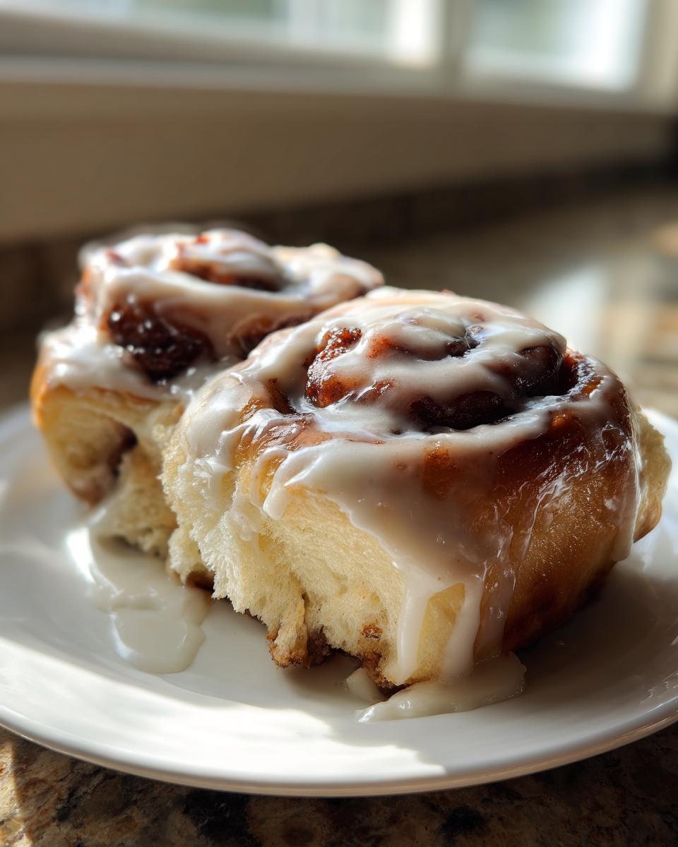 Close-up of two fluffy, freshly baked cinnamon rolls dripping with thick white icing on a white plate.