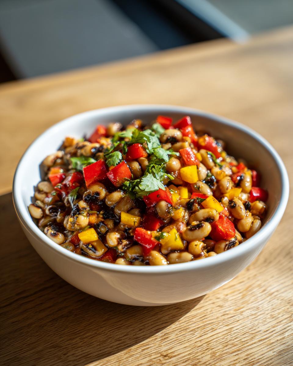 Close-up of a vibrant Black-eyed pea salad mixed with diced red and yellow bell peppers, garnished with cilantro.