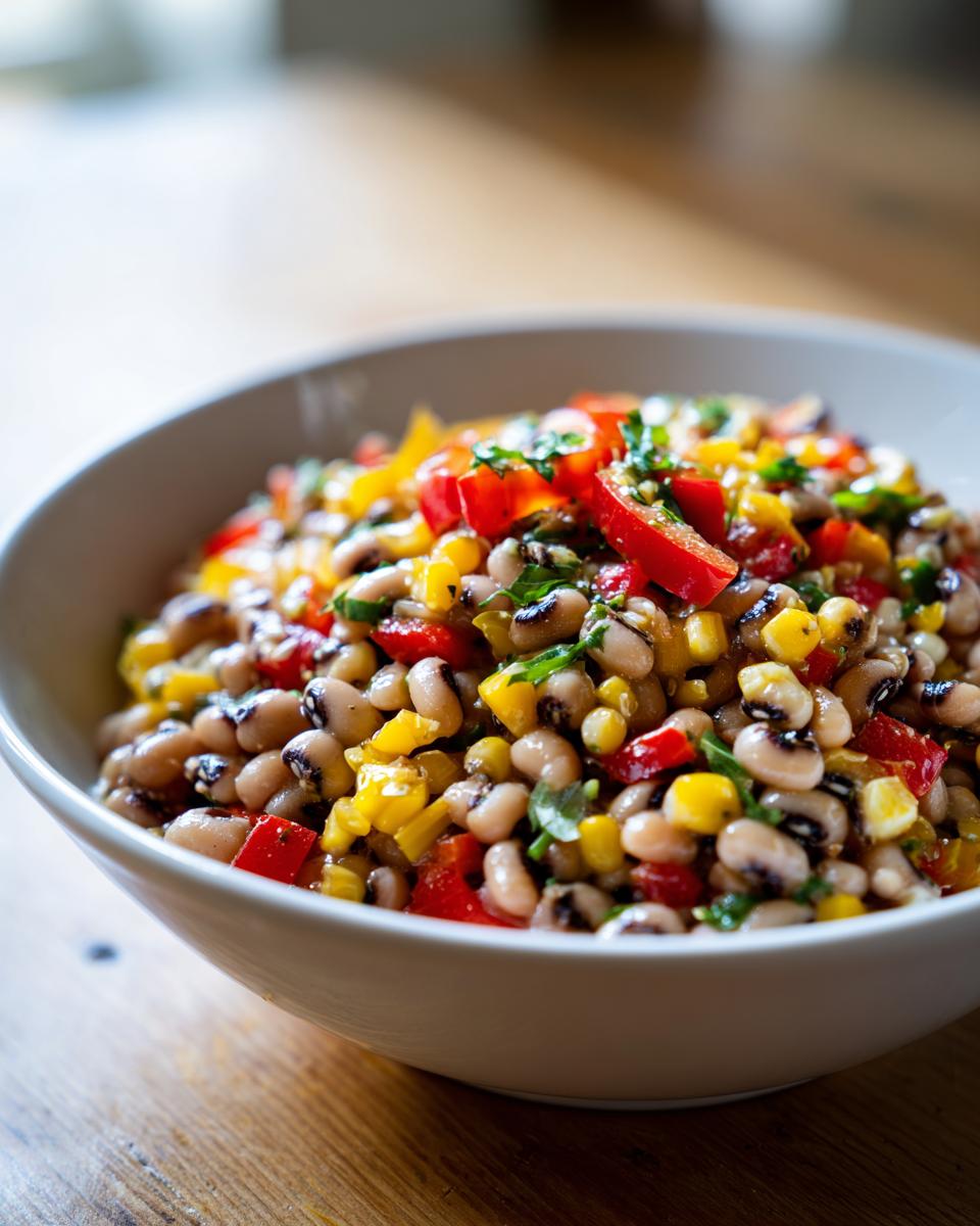 Close-up of a colorful Black-eyed pea salad mixed with corn, red and yellow peppers, and herbs in a white bowl.