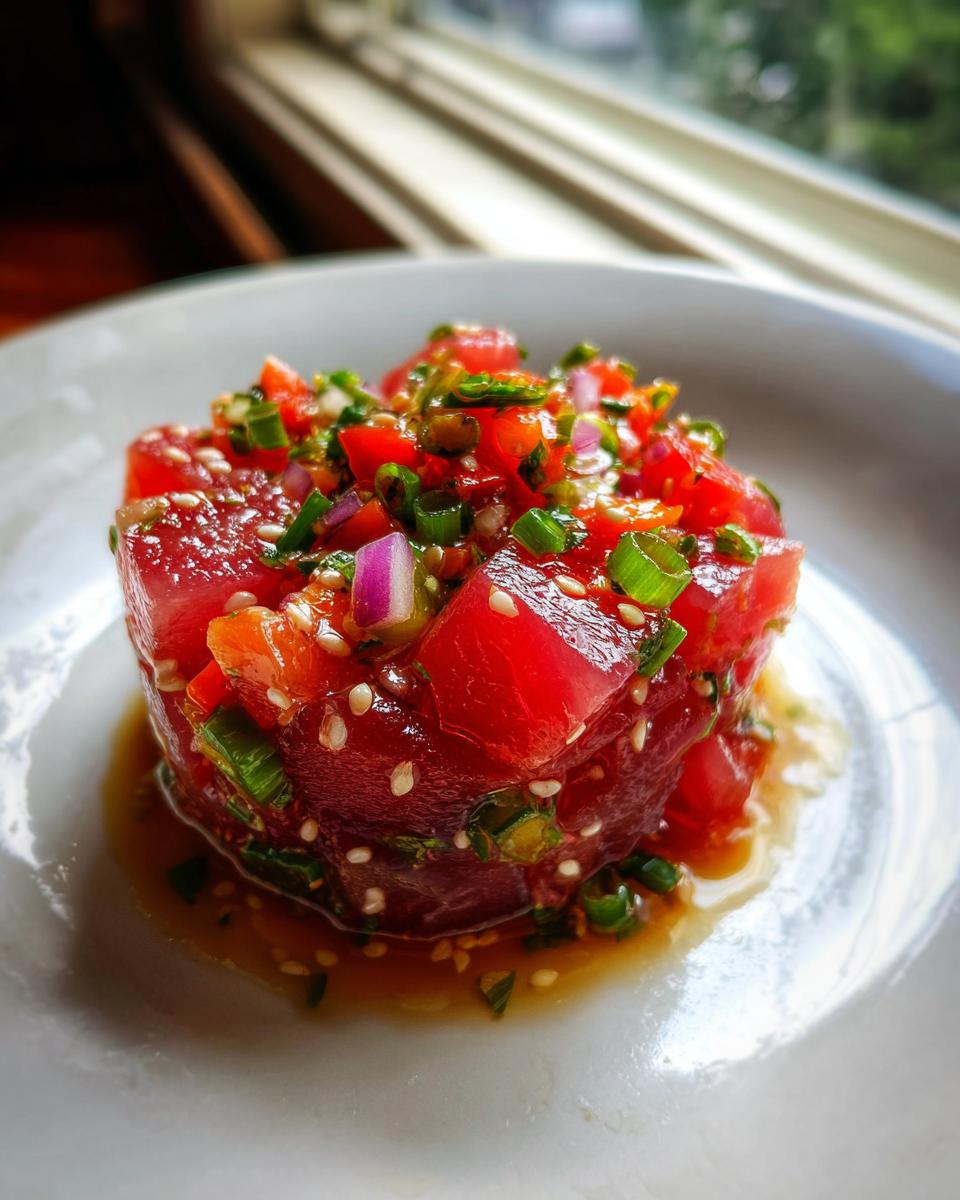 A vibrant, molded serving of Tuna Tartare Recipe featuring diced red tuna, red onion, scallions, and sesame seeds.